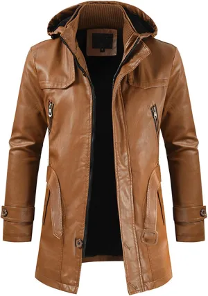 JEsilunmaMY Men's PU Leather Hooded Trench Coat Mid Length Belt Motorcycle Jacket Plus Size Fall Winter Bomber Windbreaker