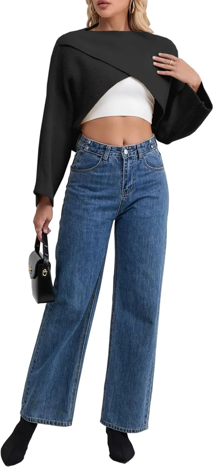 Joe Wenko Women's Boat Neck Sweater Long Sleeve Cross Wrap Asymmetrical Hem Cropped Pullover Jumper Tops