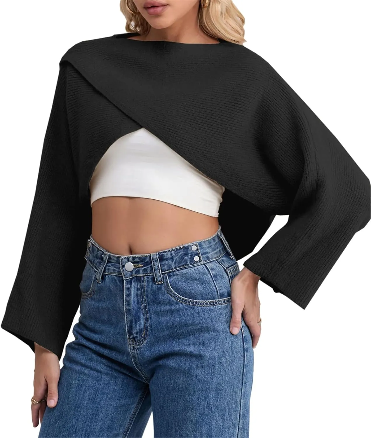 Joe Wenko Women's Boat Neck Sweater Long Sleeve Cross Wrap Asymmetrical Hem Cropped Pullover Jumper Tops