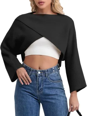Joe Wenko Women's Boat Neck Sweater Long Sleeve Cross Wrap Asymmetrical Hem Cropped Pullover Jumper Tops