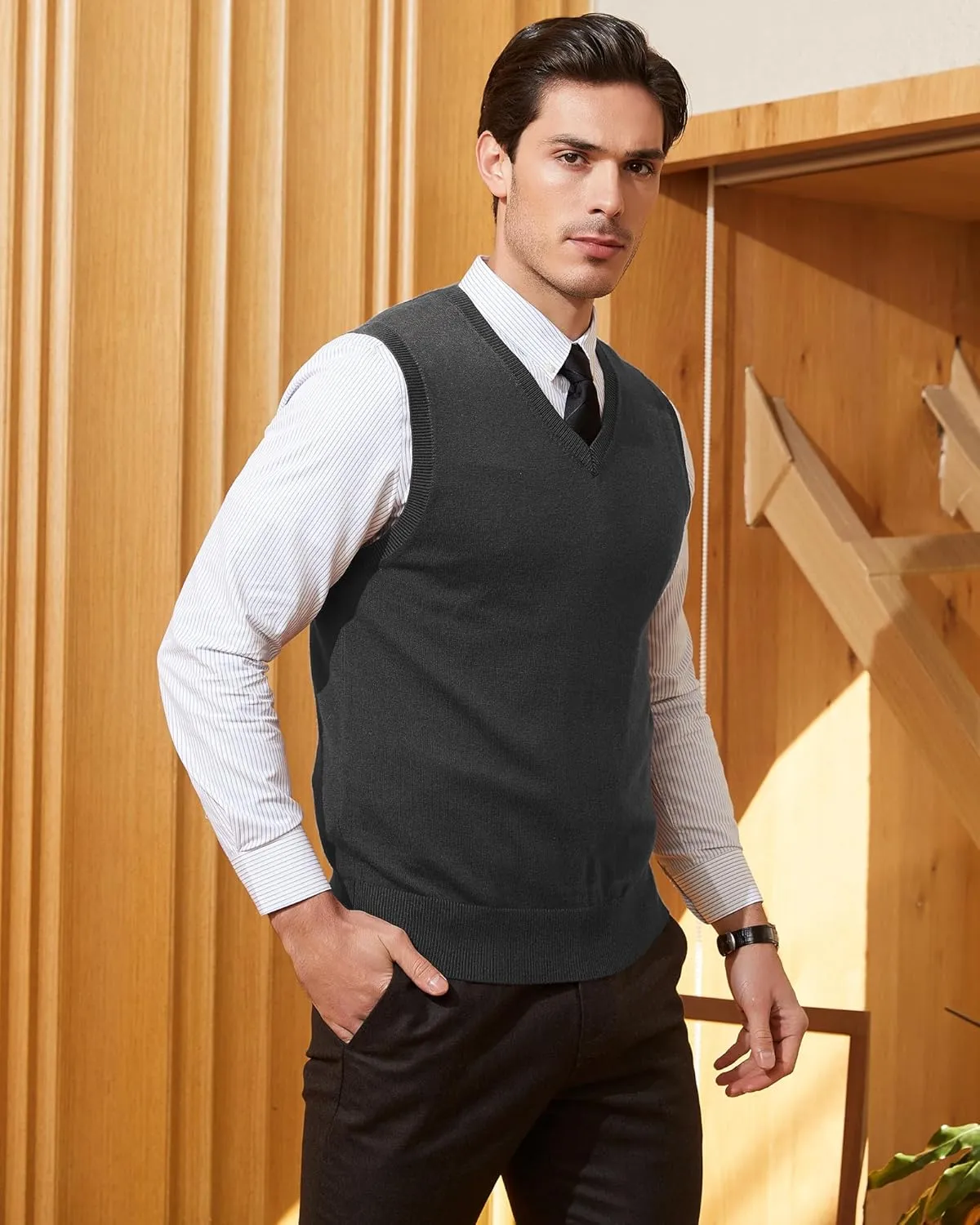 Kallspin Men's Wool Blended Vest Sweater Relaxed Fit V Neck Sleeveless Knitted Pullover