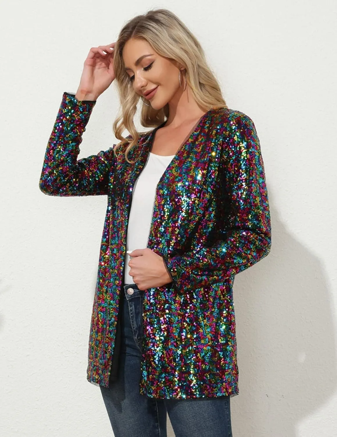 KANCY KOLE Women's Sequin Jacket Open Front Blazer Casual Long Sleeve Cardigan Coat S-XXL
