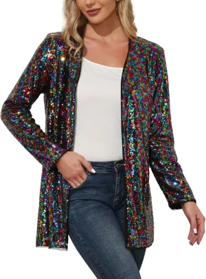 KANCY KOLE Women's Sequin Jacket Open Front Blazer Casual Long Sleeve Cardigan Coat S-XXL