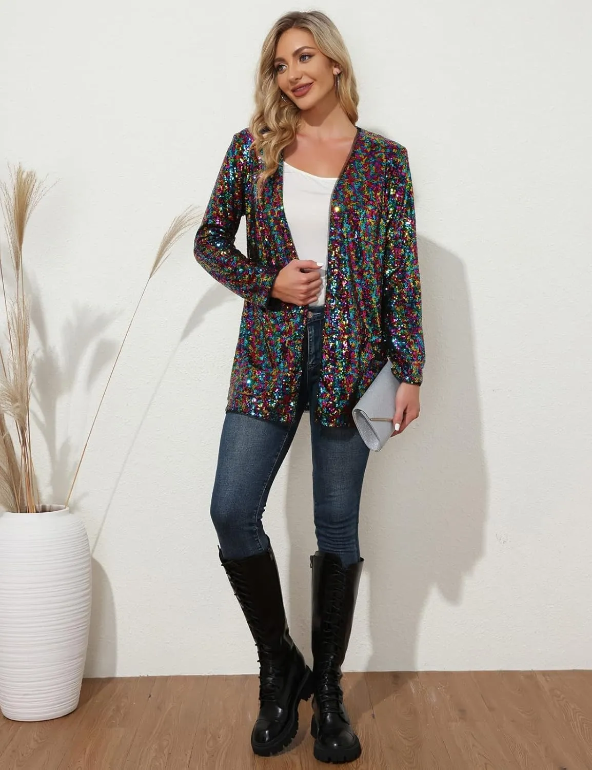 KANCY KOLE Women's Sequin Jacket Open Front Blazer Casual Long Sleeve Cardigan Coat S-XXL