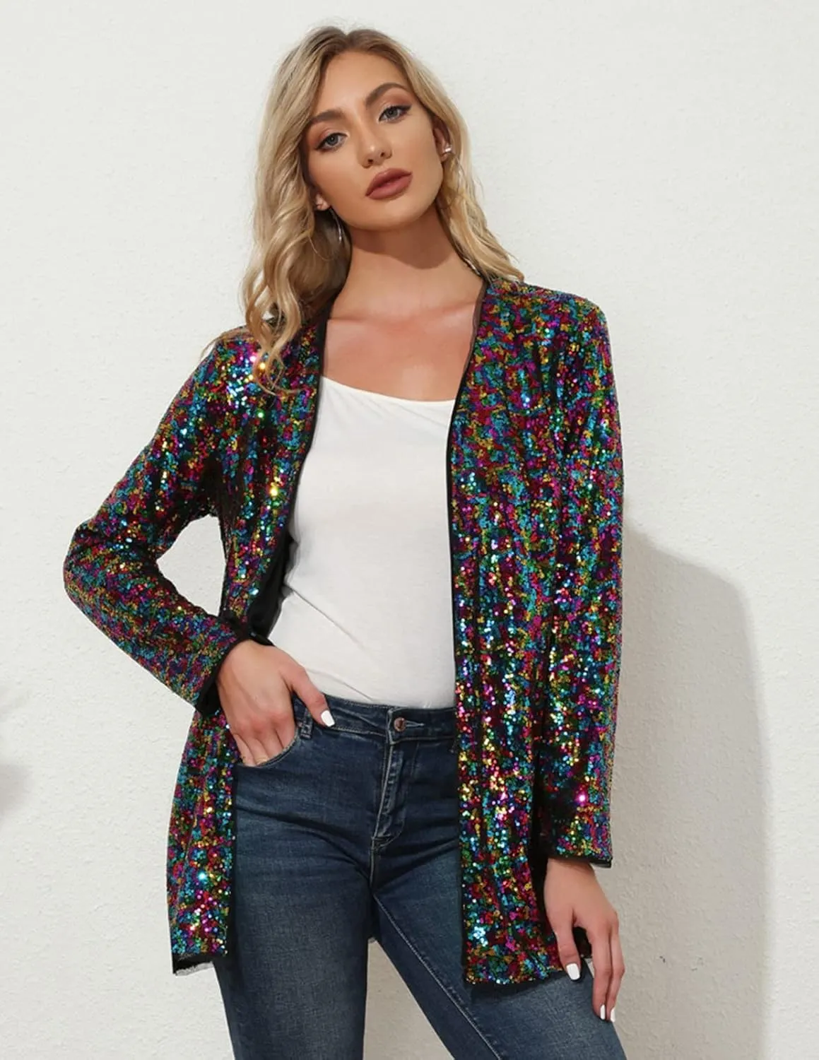 KANCY KOLE Women's Sequin Jacket Open Front Blazer Casual Long Sleeve Cardigan Coat S-XXL
