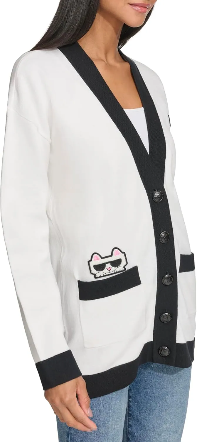 Karl Lagerfeld Paris Women's Varsity Logo Cardigan with Patches