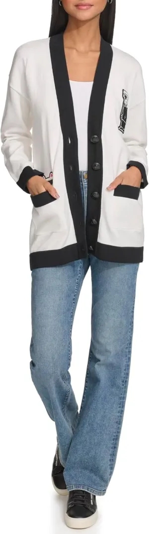Karl Lagerfeld Paris Women's Varsity Logo Cardigan with Patches