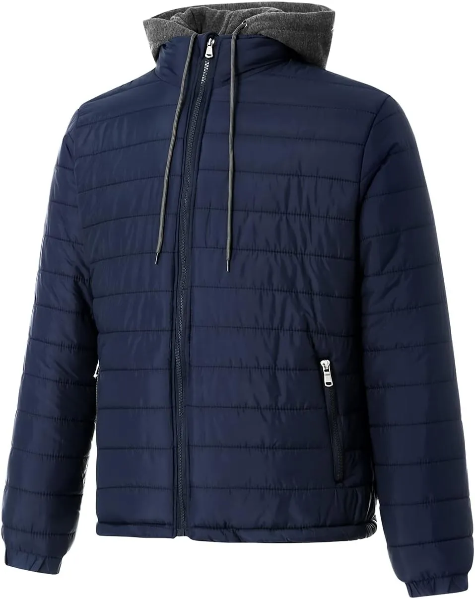 Karwuiio Men Winter Down Jackets & Coats Long Sleeves Solid Color Zip-Up Puffer Hooded Coats with Pockets