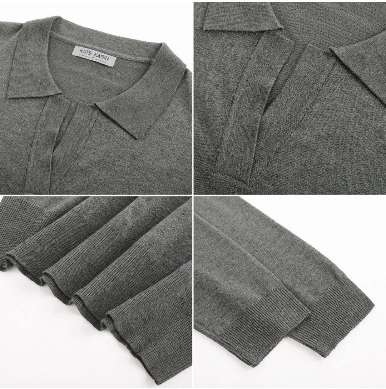 Kate Kasin Women Long Sleeve Polo Sweater V Neck Knitted Tops Casual Ribbed Shirt Loose Pullover Sweater