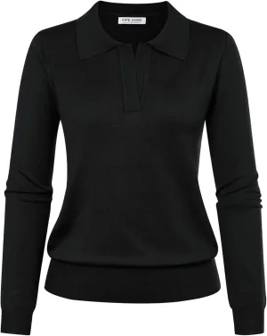 Kate Kasin Women Long Sleeve Polo Sweater V Neck Knitted Tops Casual Ribbed Shirt Loose Pullover Sweater