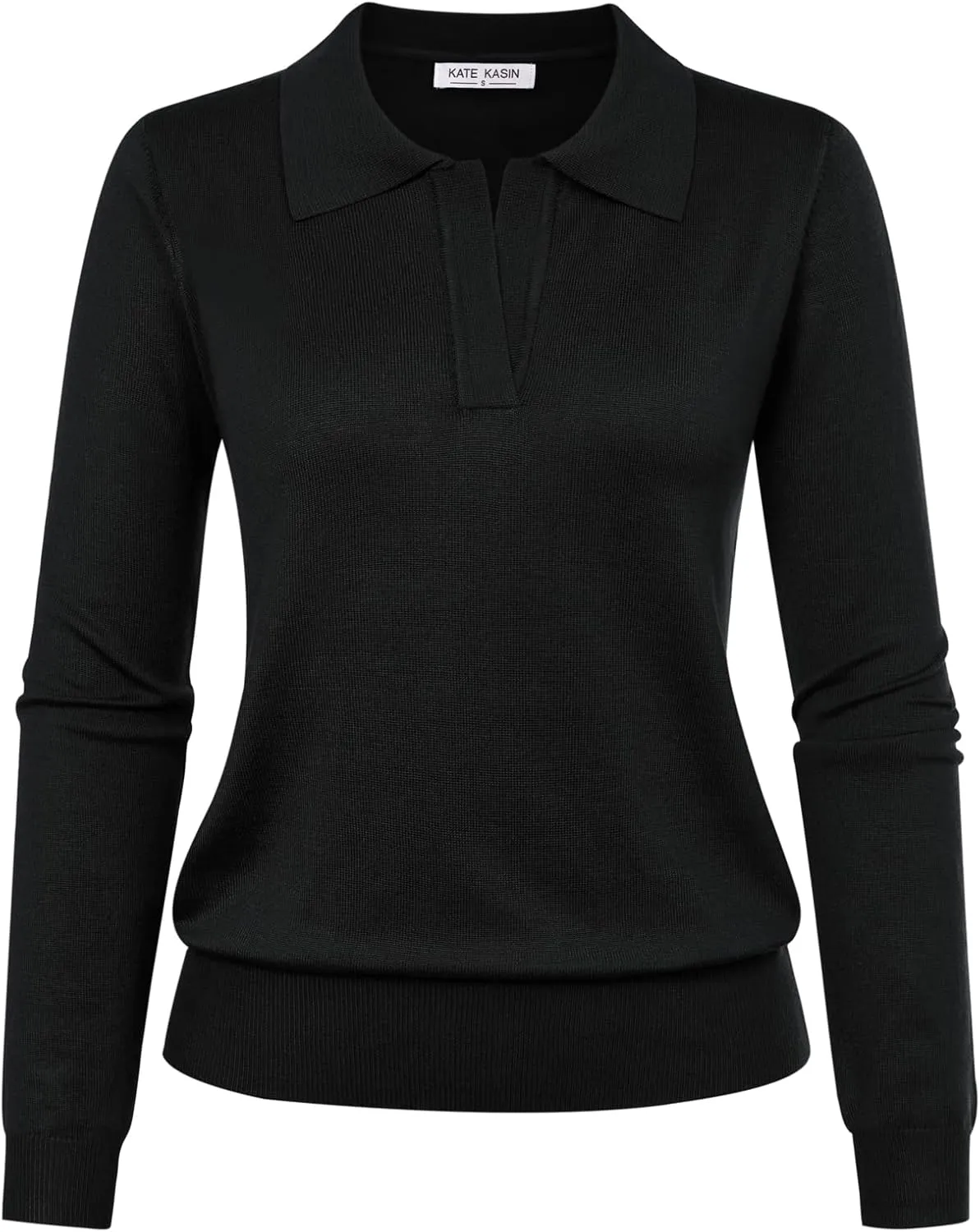 Kate Kasin Women Long Sleeve Polo Sweater V Neck Knitted Tops Casual Ribbed Shirt Loose Pullover Sweater