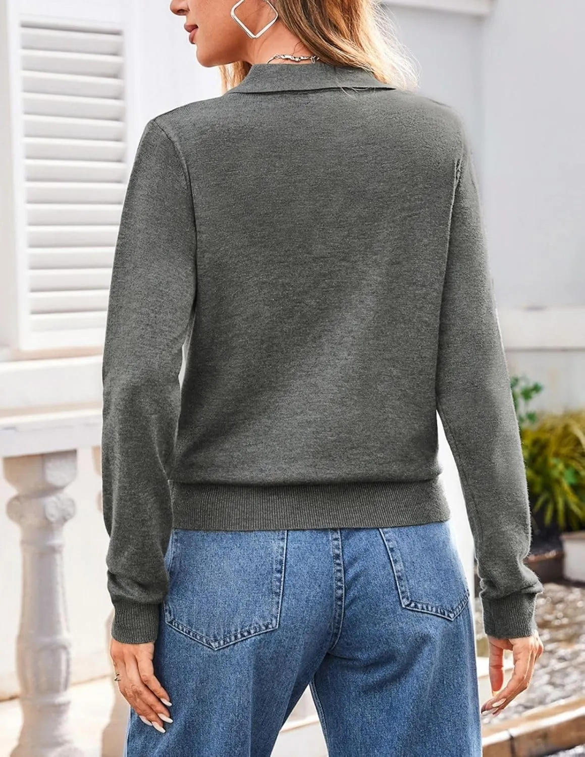 Kate Kasin Women Long Sleeve Polo Sweater V Neck Knitted Tops Casual Ribbed Shirt Loose Pullover Sweater
