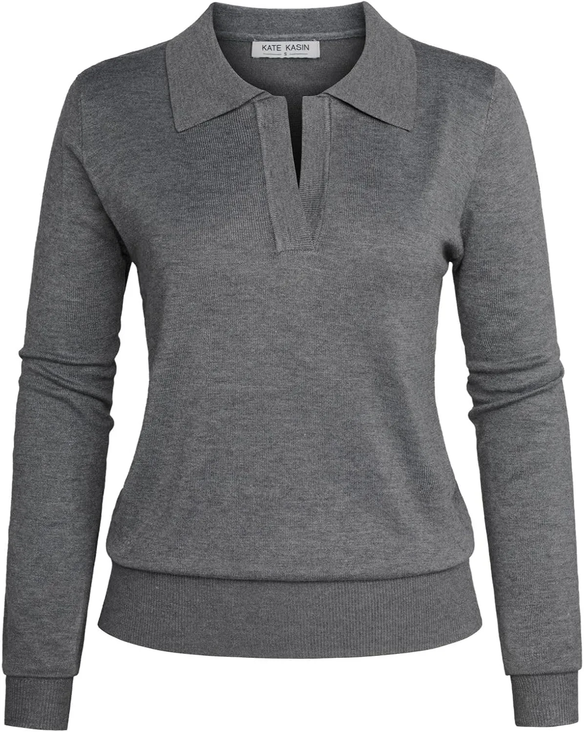 Kate Kasin Women Long Sleeve Polo Sweater V Neck Knitted Tops Casual Ribbed Shirt Loose Pullover Sweater