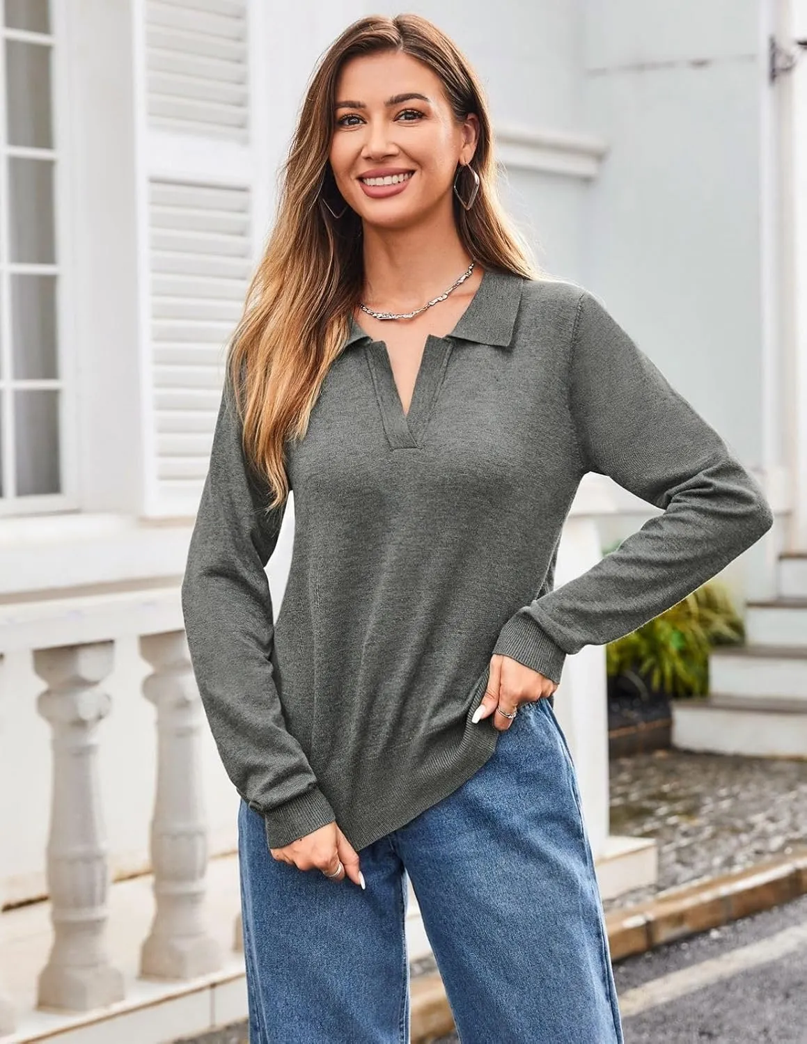 Kate Kasin Women Long Sleeve Polo Sweater V Neck Knitted Tops Casual Ribbed Shirt Loose Pullover Sweater