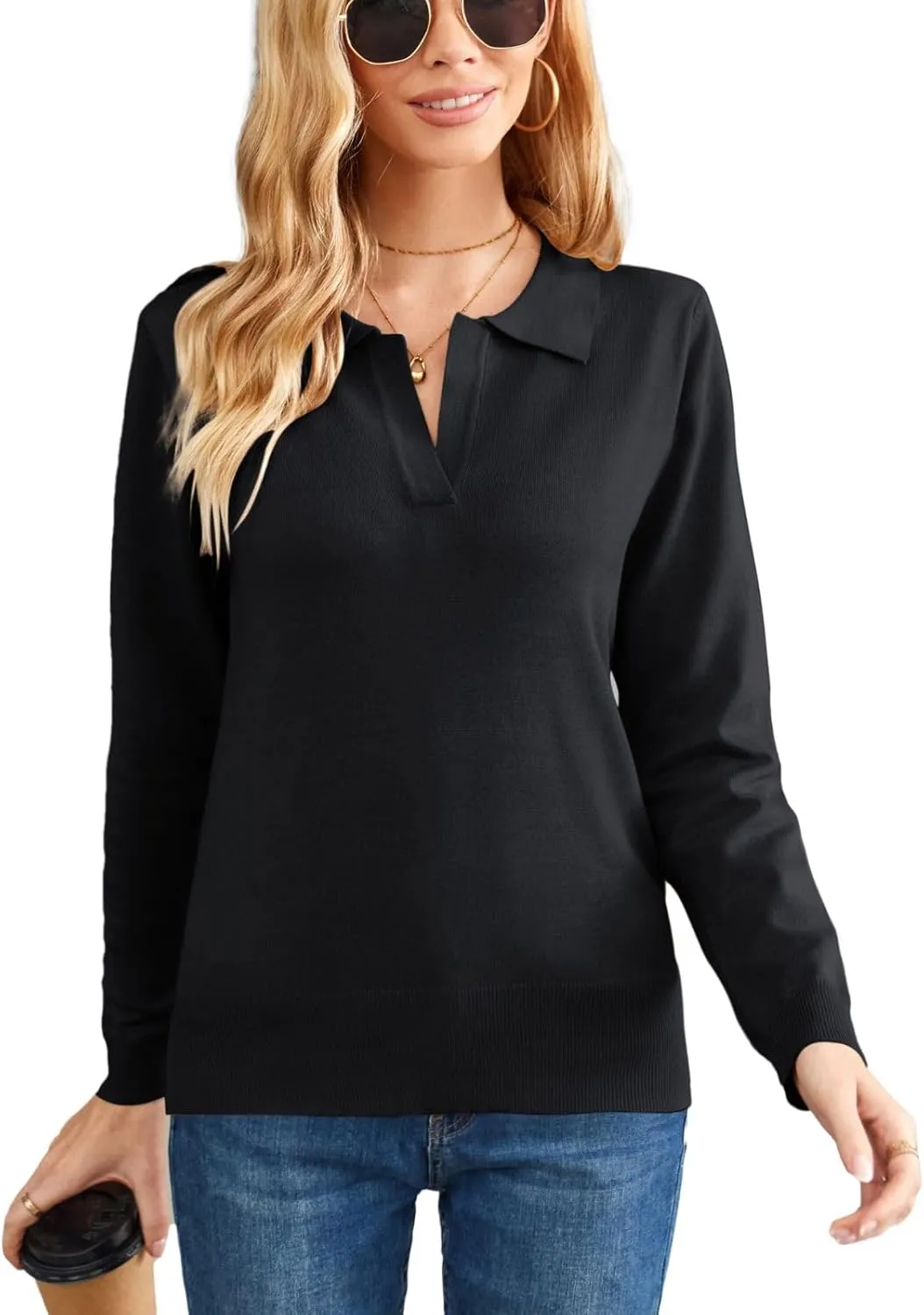 Kate Kasin Women Long Sleeve Polo Sweater V Neck Knitted Tops Casual Ribbed Shirt Loose Pullover Sweater