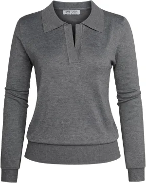 Kate Kasin Women Long Sleeve Polo Sweater V Neck Knitted Tops Casual Ribbed Shirt Loose Pullover Sweater
