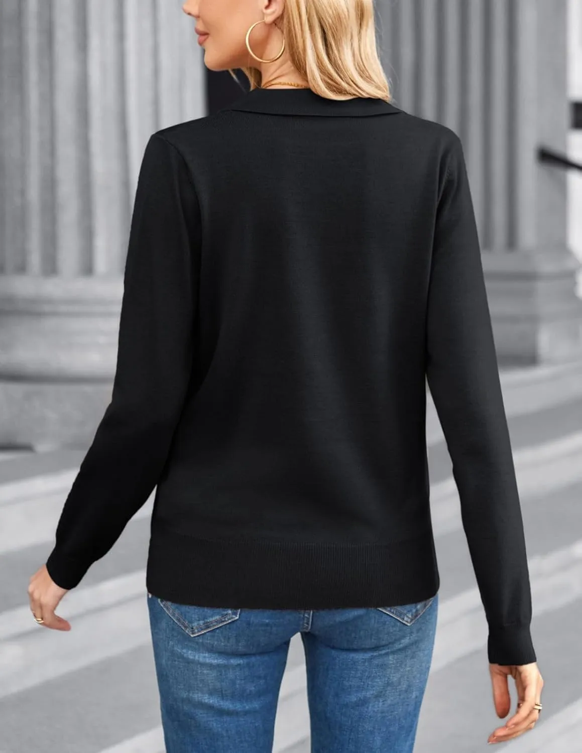 Kate Kasin Women Long Sleeve Polo Sweater V Neck Knitted Tops Casual Ribbed Shirt Loose Pullover Sweater
