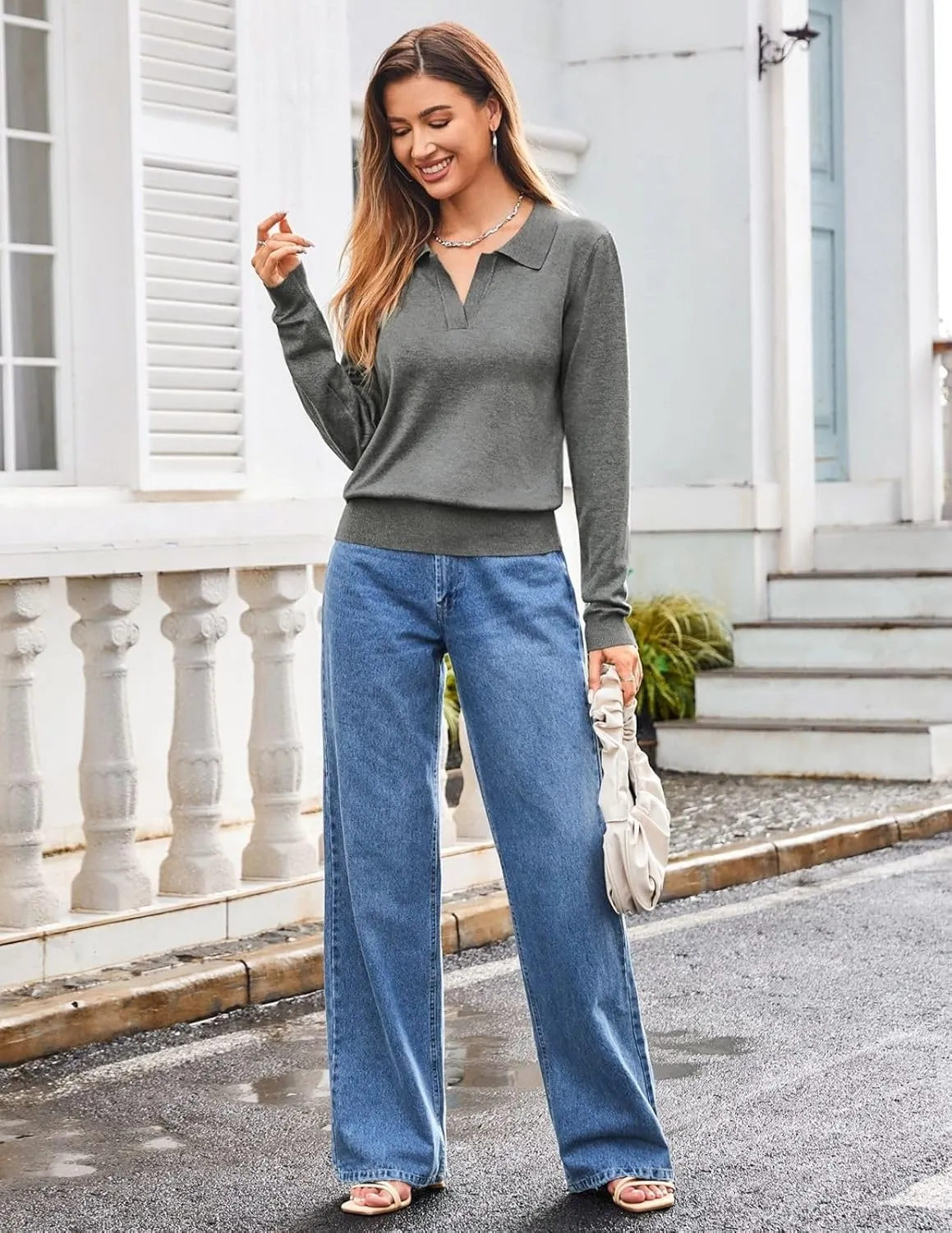 Kate Kasin Women Long Sleeve Polo Sweater V Neck Knitted Tops Casual Ribbed Shirt Loose Pullover Sweater