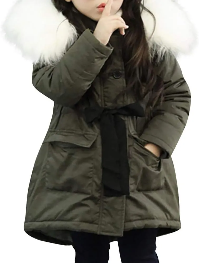 Kids Girls Cotton Padded Long Coat Baby Furry Hooded Jacket With Pocket Boys Thicken Warm Lightweight Jackets
