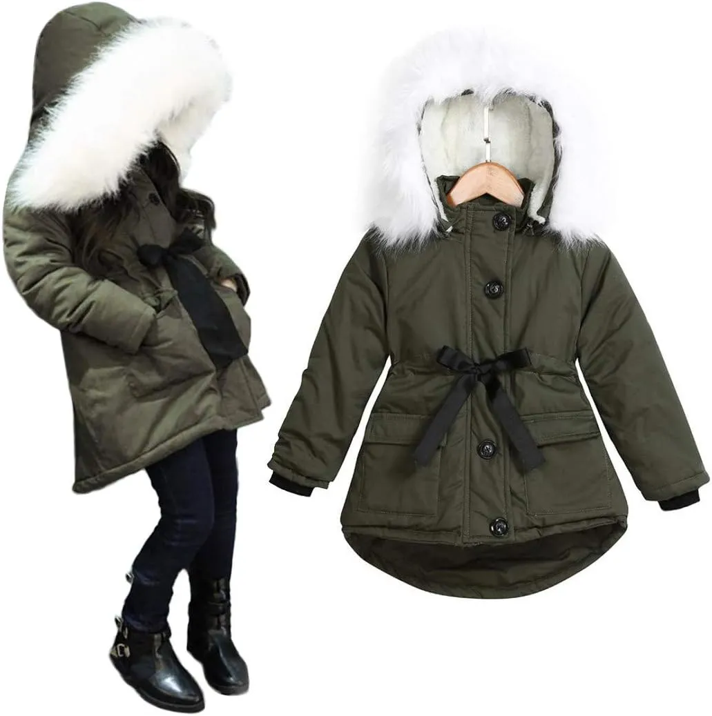 Kids Girls Cotton Padded Long Coat Baby Furry Hooded Jacket With Pocket Boys Thicken Warm Lightweight Jackets
