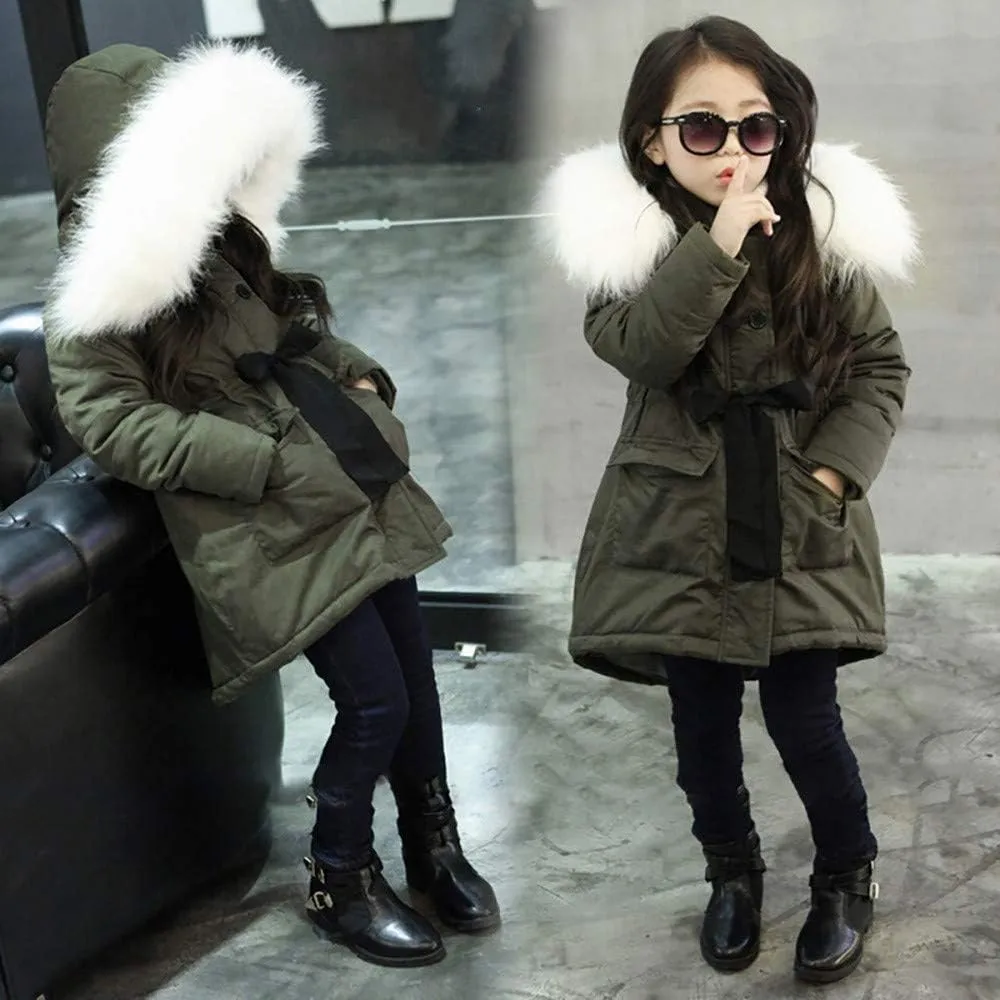 Kids Girls Cotton Padded Long Coat Baby Furry Hooded Jacket With Pocket Boys Thicken Warm Lightweight Jackets