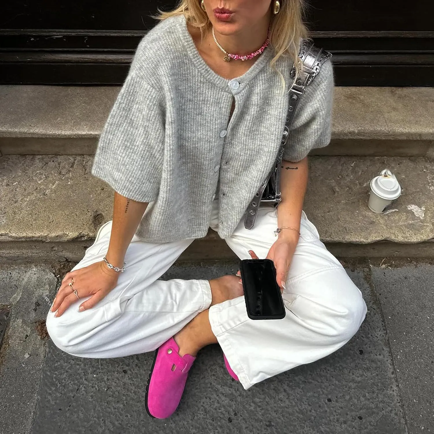 Kimydreama Women Knit Cropped Cardigan Short Sleeve Button Down Sweater Y2k Girls Open Front Knit Tee Shirt Tops Outerwear