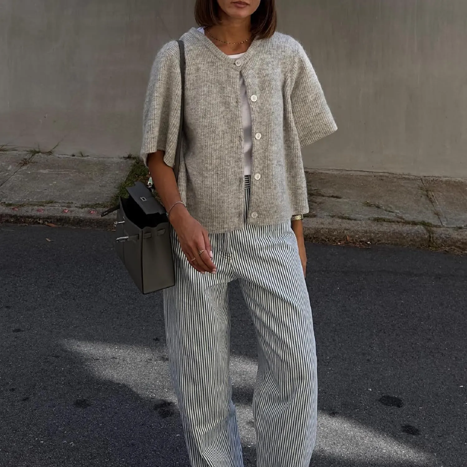 Kimydreama Women Knit Cropped Cardigan Short Sleeve Button Down Sweater Y2k Girls Open Front Knit Tee Shirt Tops Outerwear