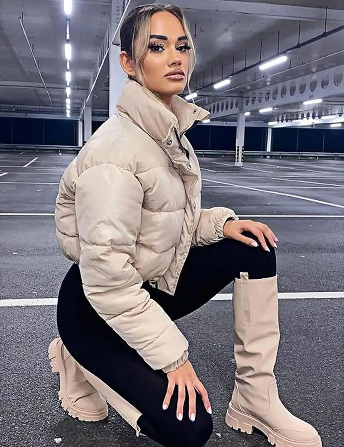 Kissonic Women's Cropped Quilted Puffer Jacket Winter Faux Leather Padded Parka Coat