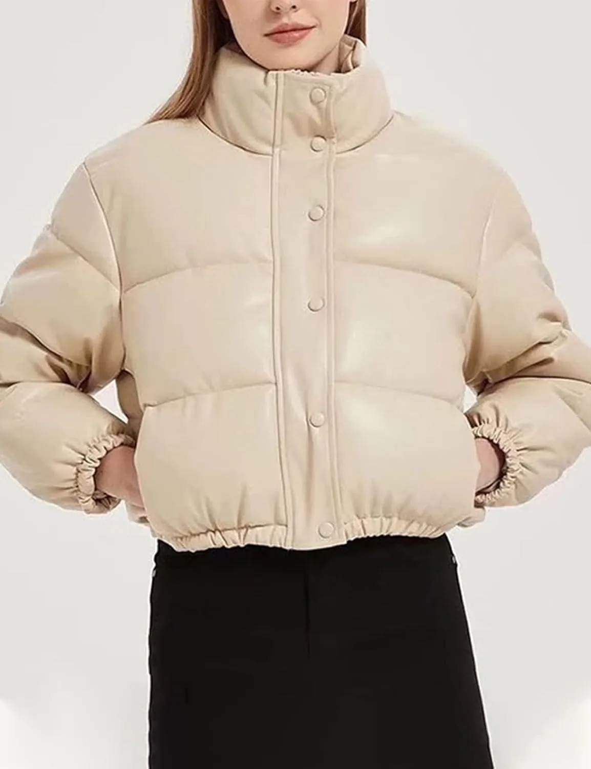 Kissonic Women's Cropped Quilted Puffer Jacket Winter Faux Leather Padded Parka Coat