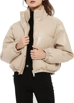 Kissonic Women's Cropped Quilted Puffer Jacket Winter Faux Leather Padded Parka Coat