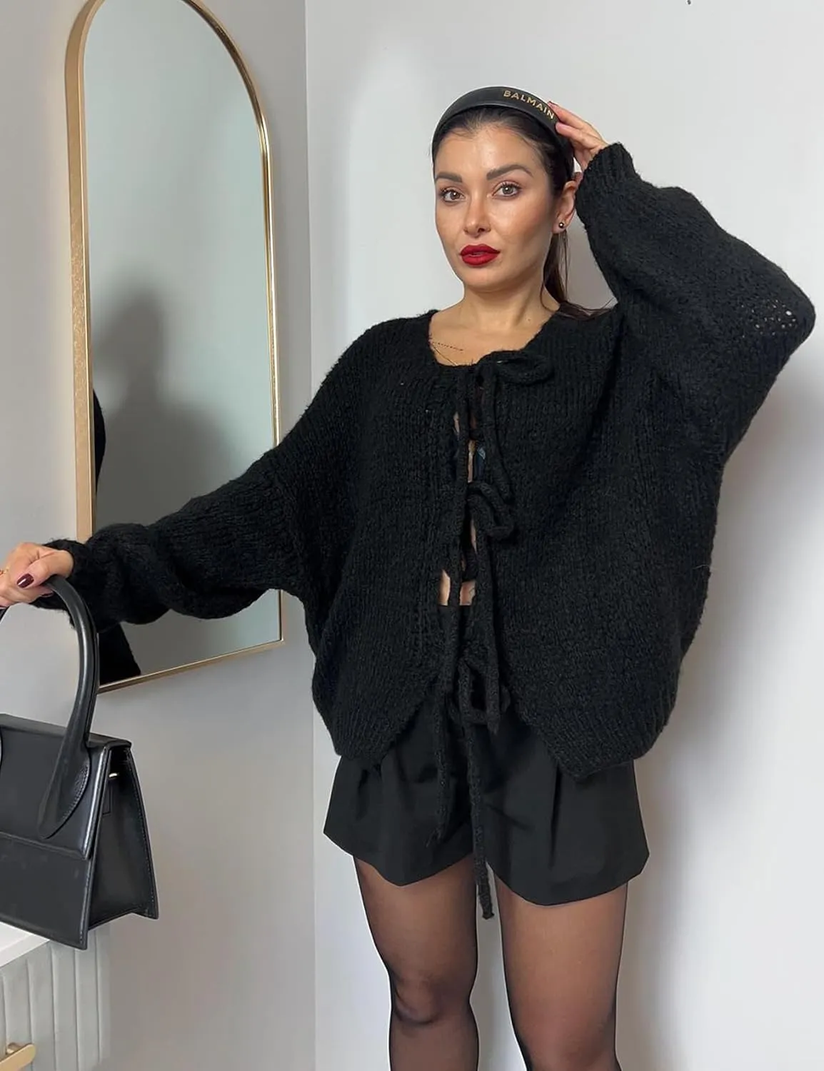Kissonic Women's Tie Front Bow Cardigan Sweaters Y2K Bow Puff Long Sleeve Jacket 2024 Fall Trendy Tops