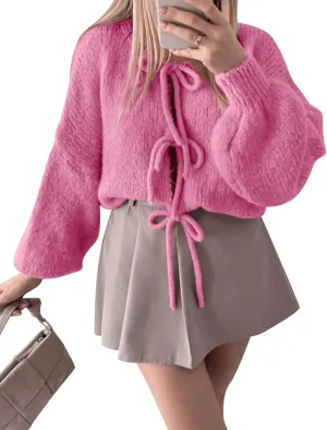 Kissonic Women's Tie Front Bow Cardigan Sweaters Y2K Bow Puff Long Sleeve Jacket 2024 Fall Trendy Tops