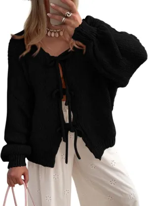 Kissonic Women's Tie Front Bow Cardigan Sweaters Y2K Bow Puff Long Sleeve Jacket 2024 Fall Trendy Tops