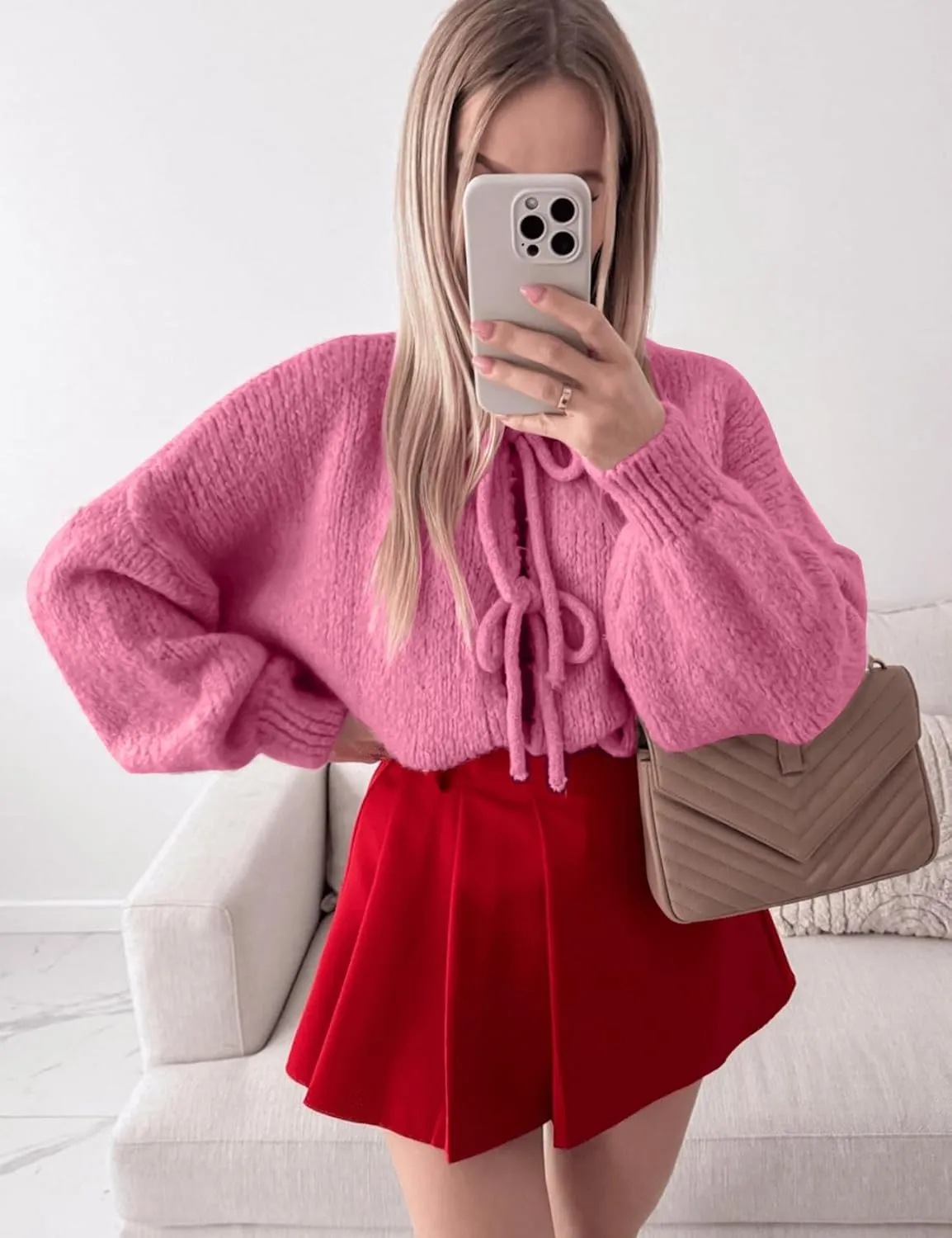 Kissonic Women's Tie Front Bow Cardigan Sweaters Y2K Bow Puff Long Sleeve Jacket 2024 Fall Trendy Tops