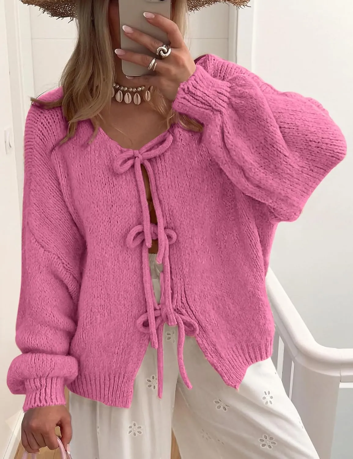 Kissonic Women's Tie Front Bow Cardigan Sweaters Y2K Bow Puff Long Sleeve Jacket 2024 Fall Trendy Tops