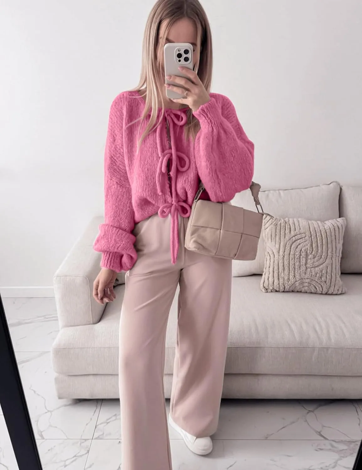 Kissonic Women's Tie Front Bow Cardigan Sweaters Y2K Bow Puff Long Sleeve Jacket 2024 Fall Trendy Tops