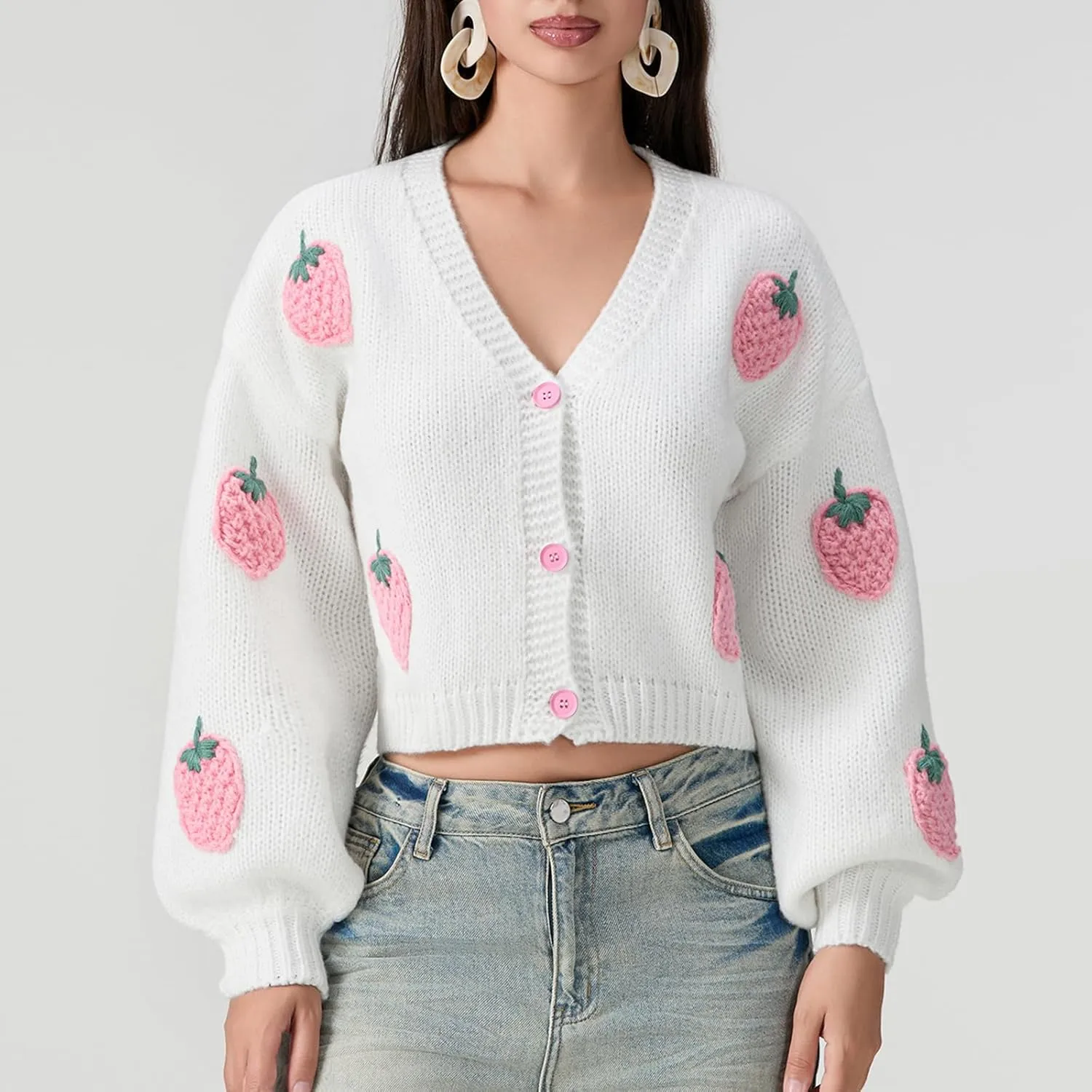 KMBANGI Women Button Down Sweater V Neck Cable Knit Crop Cardigan Cute Oversized Jumper Top Aesthetic Clothes