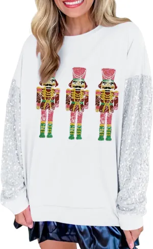 KMBANGI Women Christmas Nutcracker Sweatshirt Holiday Funny Graphic Pullover Top Oversized Crewneck Long Sleeve Shirts