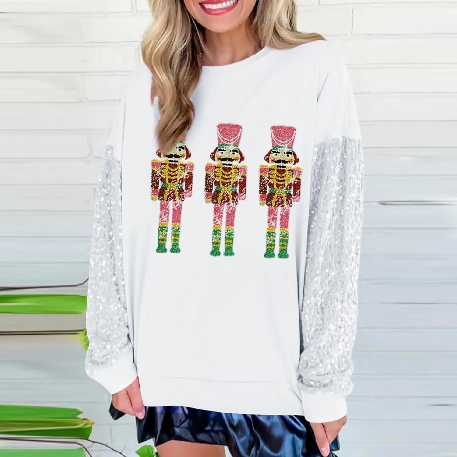 KMBANGI Women Christmas Nutcracker Sweatshirt Holiday Funny Graphic Pullover Top Oversized Crewneck Long Sleeve Shirts