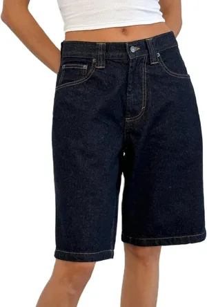 KMBANGI Y2k Women Denim Bermuda Shorts Straight Leg Jean Carpenter Shorts Vintage Mid Rise Knee Length Long Jorts