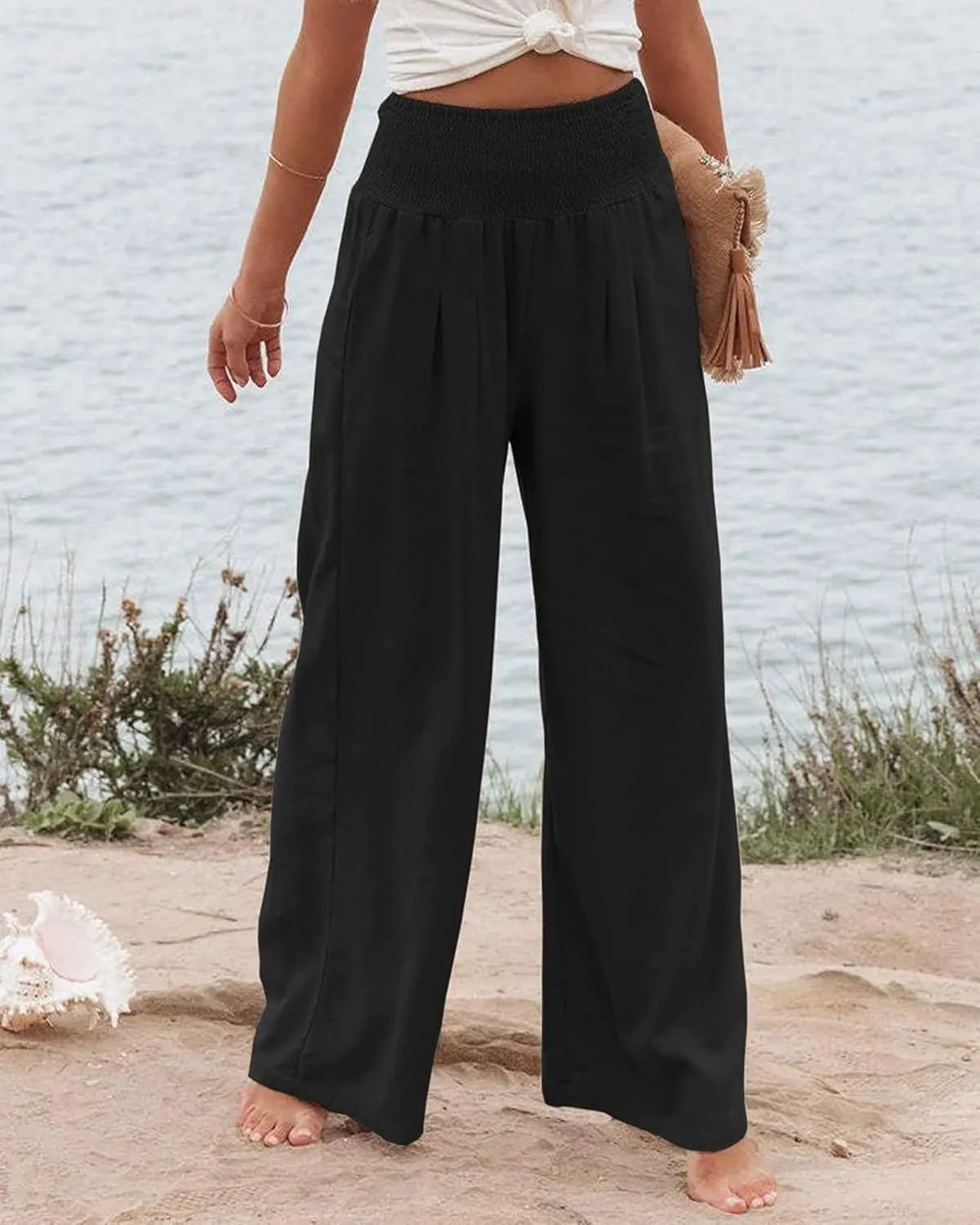 Kubbon Women Linen Palazzo Pants High Waist Casual Pants Wide Leg Long Lounge Pant Trousers Beach Travel Vacation Outfits