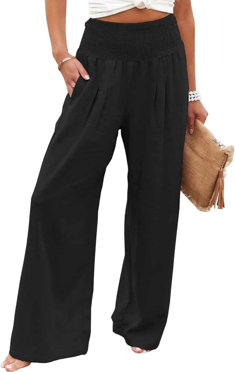 Kubbon Women Linen Palazzo Pants High Waist Casual Pants Wide Leg Long Lounge Pant Trousers Beach Travel Vacation Outfits