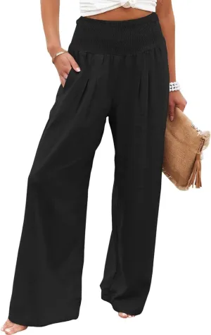 Kubbon Women Linen Palazzo Pants High Waist Casual Pants Wide Leg Long Lounge Pant Trousers Beach Travel Vacation Outfits