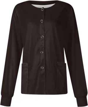 KUIOLYPOER Scrub Jackets for Woman Solid Color Long Sleeve Snap Front Nurses Uniform Plus Size Casual Pockets Scrub Tops