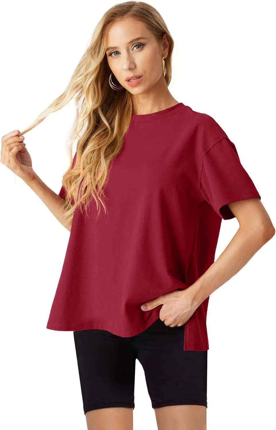 Lepunuo Oversized T Shirts for Women Summer Tops 2024 Trendy Cotton Casual Loose Fit Short Sleeve Side Slit Tee Shirts