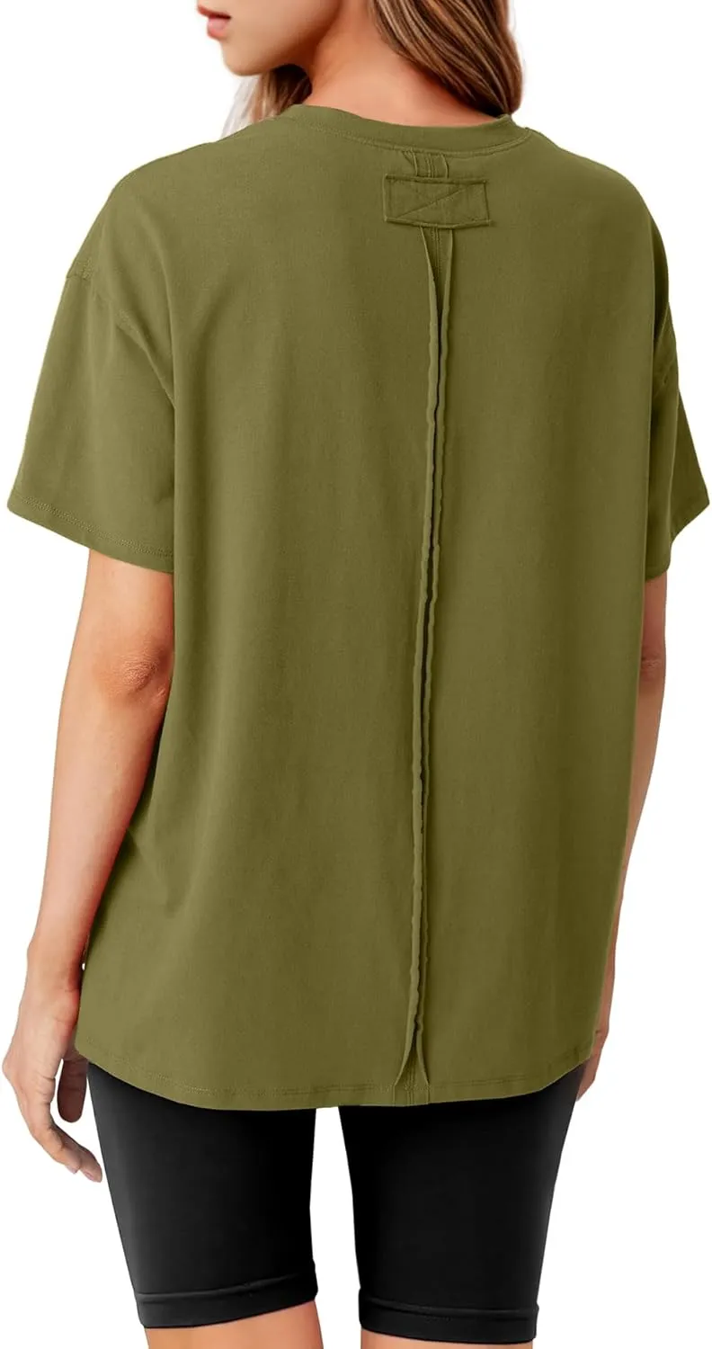 Lepunuo Oversized T Shirts for Women Summer Tops 2024 Trendy Cotton Casual Loose Fit Short Sleeve Side Slit Tee Shirts