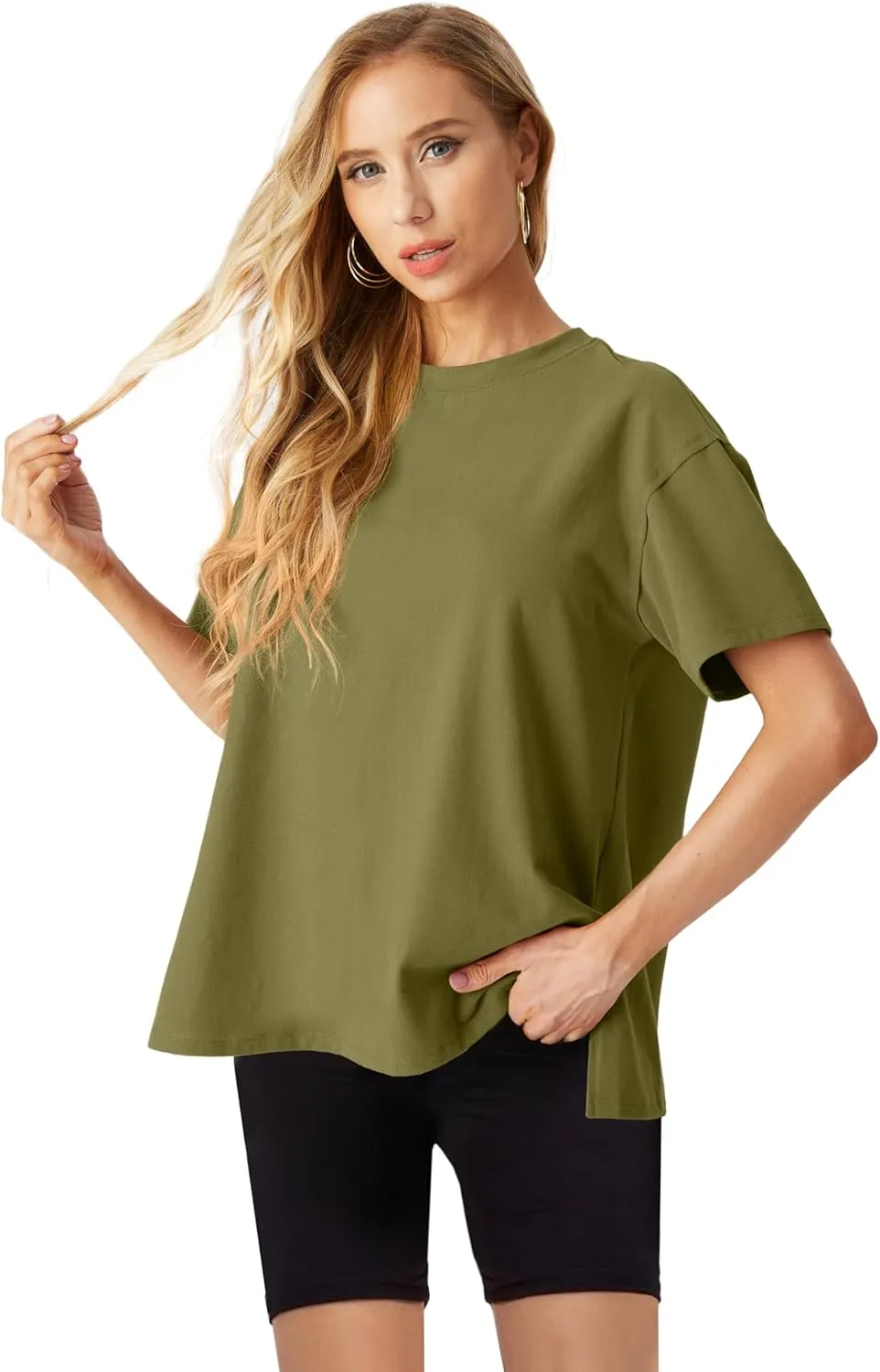 Lepunuo Oversized T Shirts for Women Summer Tops 2024 Trendy Cotton Casual Loose Fit Short Sleeve Side Slit Tee Shirts