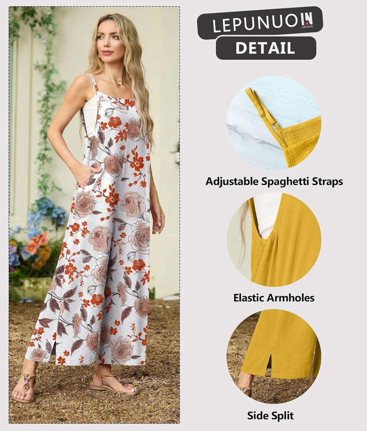 Lepunuo Womens Casual Loose Jumpsuits Summer Boho Wide Leg Rompers Sleeveless Overalls with Pockets