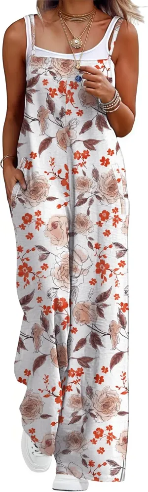 Lepunuo Womens Casual Loose Jumpsuits Summer Boho Wide Leg Rompers Sleeveless Overalls with Pockets