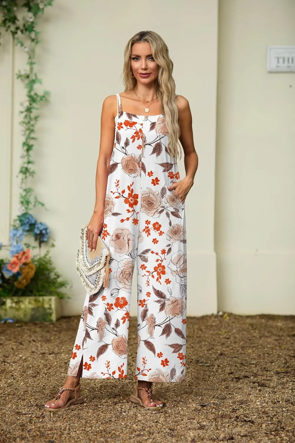 Lepunuo Womens Casual Loose Jumpsuits Summer Boho Wide Leg Rompers Sleeveless Overalls with Pockets